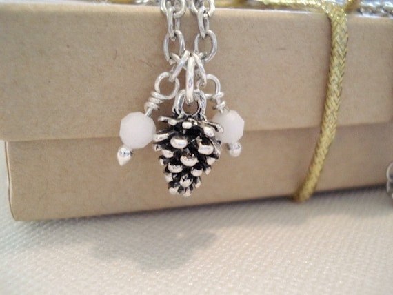 Little tiny Pinecone - Silver plated Pine Cone with White Alabaster Beads