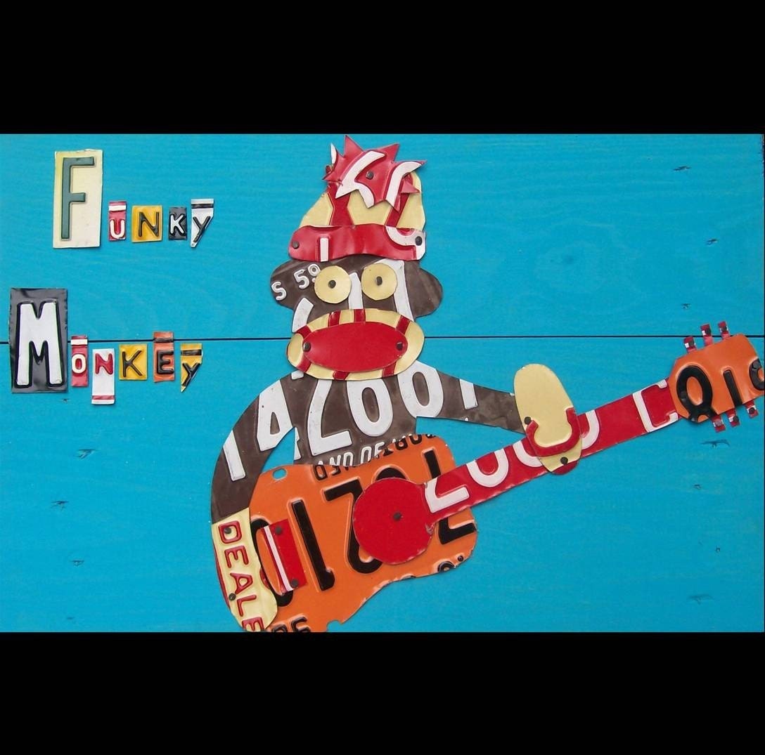 Funky Sock Monkey Playing Guitar - Recycled License Plate Art - Salvaged Wood - Upcycled Artwork