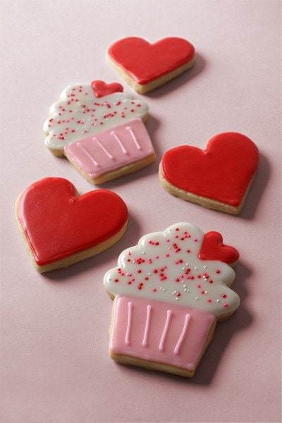 Hand Decorated Valentines Day Hearts and Cupcake Sugar Cookies // 1 Dozen // Individually wrapped and and packaged for gifting