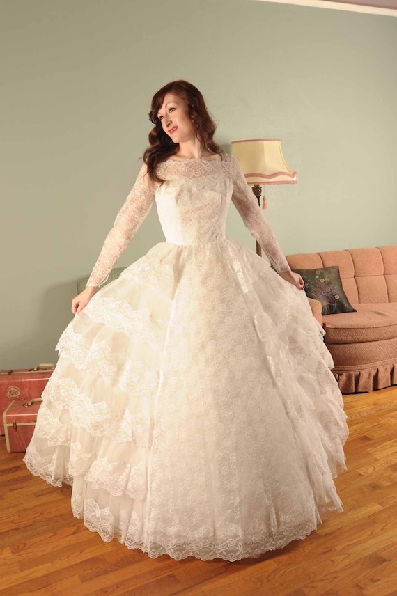 Floating Frills... A 1950s Tulle and Lace White Wedding Dress with Four Decadent Tiered Layers
