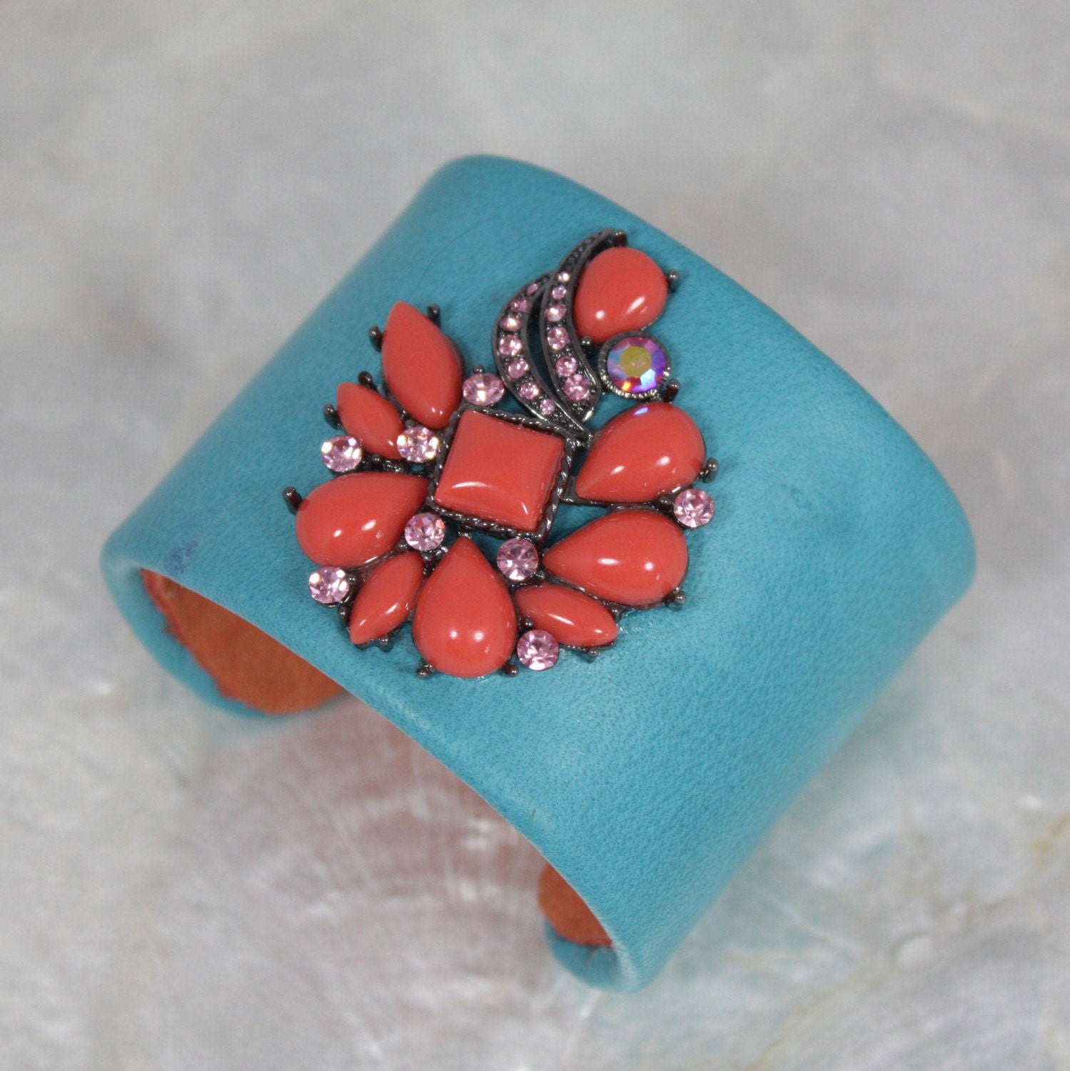 Turquoise and Coral Jeweled Leather Cuff Bracelet-- Limited Edition