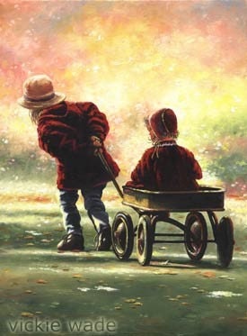 Wagon Ride Large matted print - Buy 2 Get 1 FREE Vickie Wade prints, two sisters in wagon, burgundy red