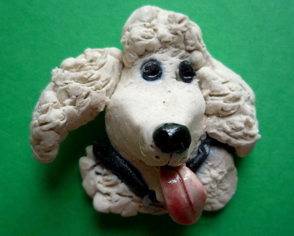 Sweetems the White Curly Haired French Poodle Pin Dog Brooch Stoneware Clay 