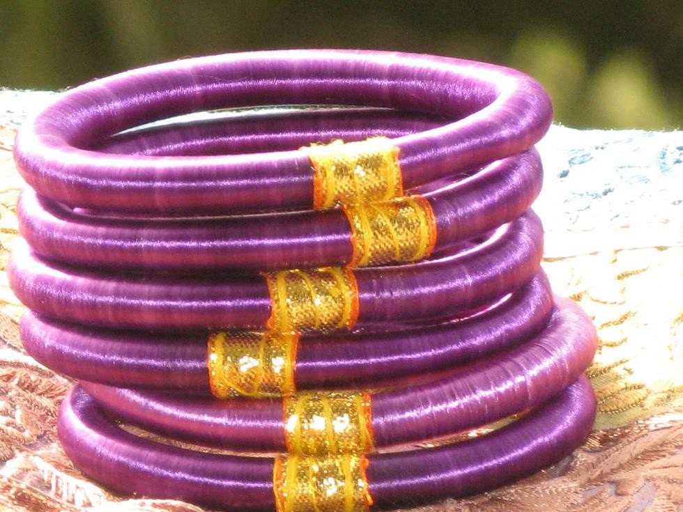 Purple Silk Thread Wrapped Bangle Bracelets (Set Of 6)