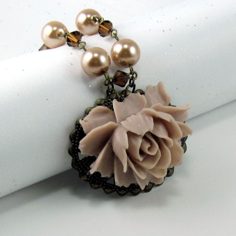 Rose Necklace  in Champagne Blush  w Pearl and Crystal