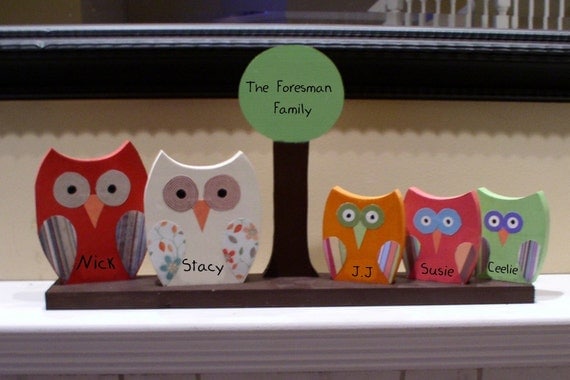 Personalized Wooden Owl Family-5 OWLS AND 1 TREE GREAT MOTHER'S DAY GIFT