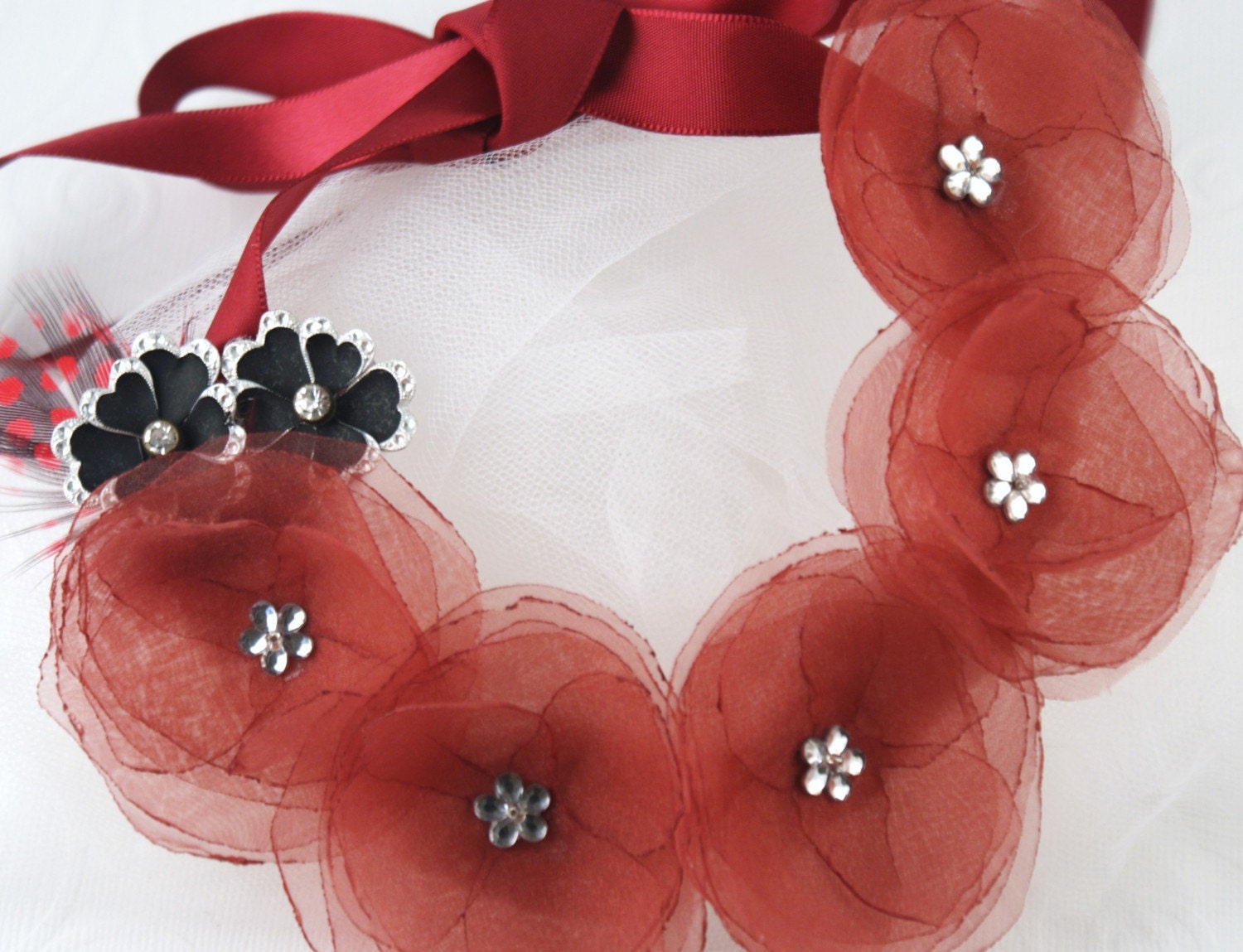 ON SALE- Harmony - Statement Bib Necklace with Handmade Organza Flowers, Repurposed Vintage Brooches and Plumes