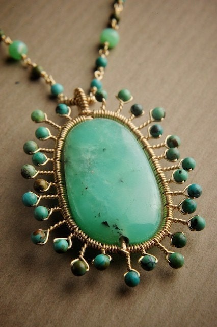 Maya Necklace in Gold fill with Chrysoprase, Turquoise