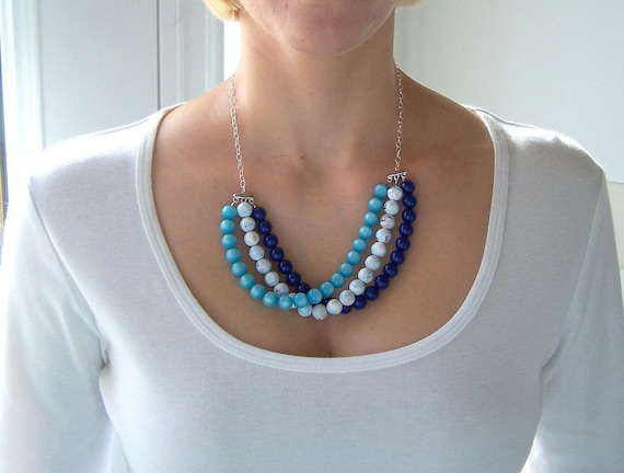Vintage Lucite and Sterling Silver Statement Necklace, Blue Skies
