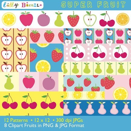 SUPER FRUIT clip art patterns cherries, apples, plum, strawberry, orange, 