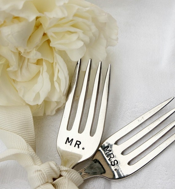 Vintage Silverware garden markers Mr. and Mrs.  wedding cake topper silver plated flatware