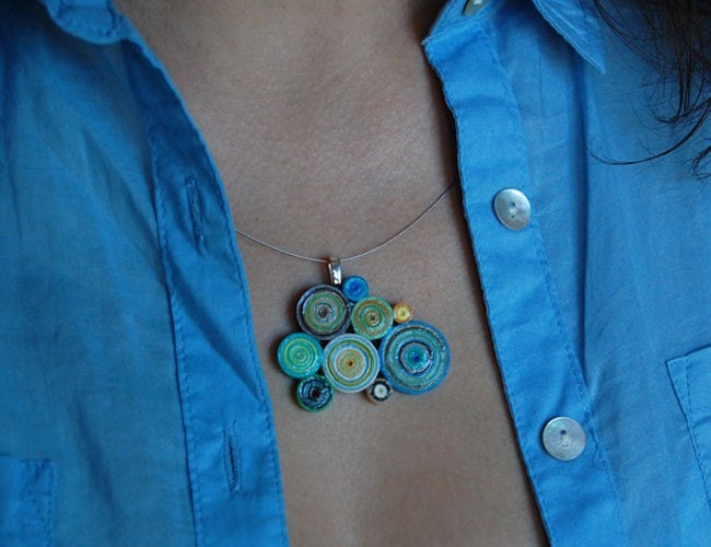Circles Necklace Pendant in Blues, Tan, Green and Yellow