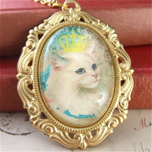 Miss Kitty Fantastico - Vintage Style Gold, Yellow, Blue and Green Cat Cameo Necklace