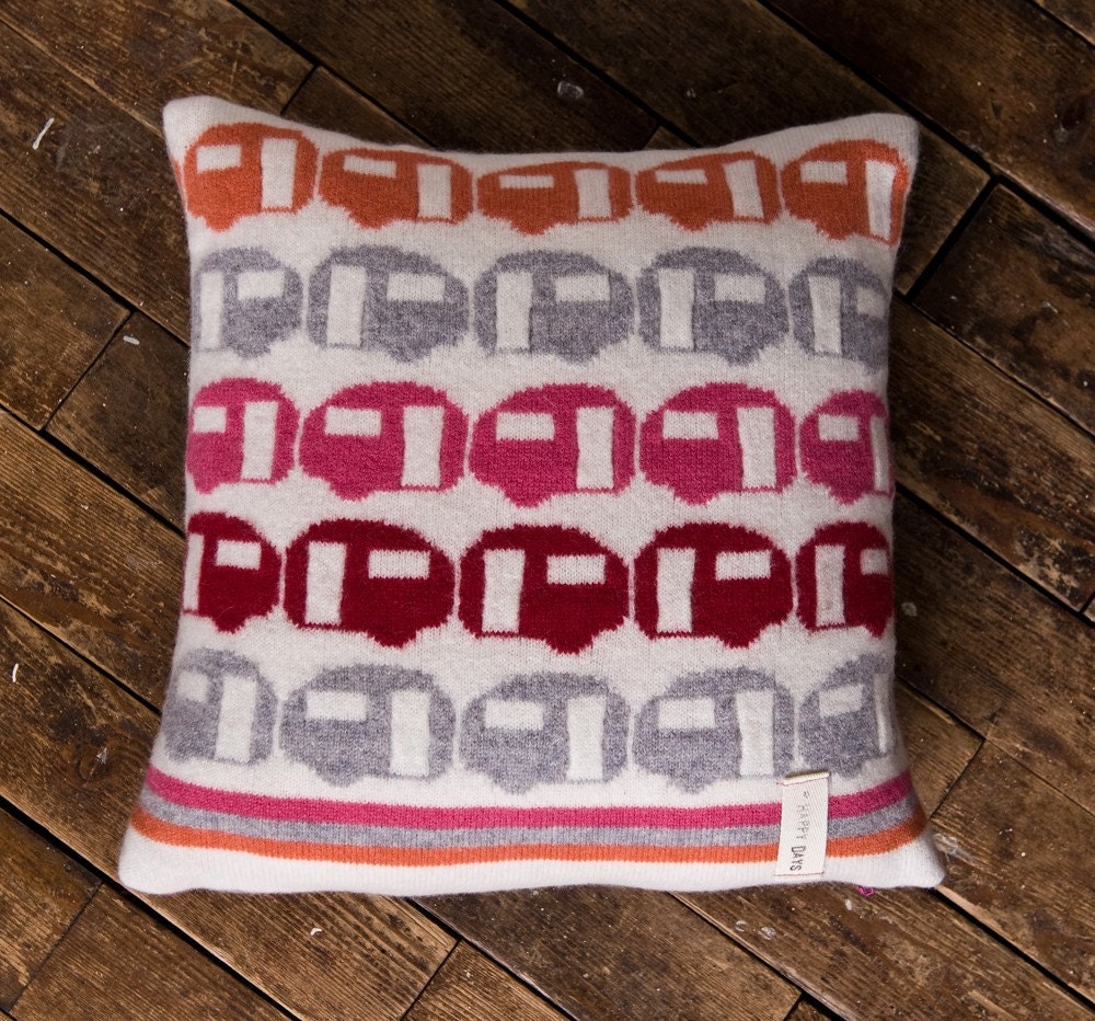 Happy Days -  caravan motif knitted cushion