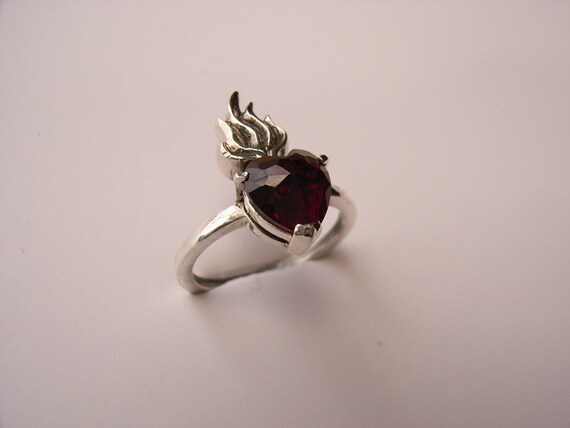 Sterling silver sacred heart ring with set heart stone
