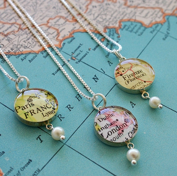 Custom Location - Small Map Charm Necklace with Pearl