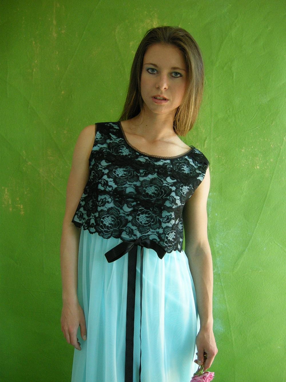 ICE Blue Chiffon Black Lace Vintage 60s Nightgown S by empressjade 