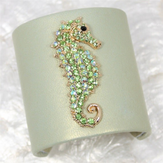 Green Seahorse Jeweled Leather Cuff Bracelet- Limited Edition