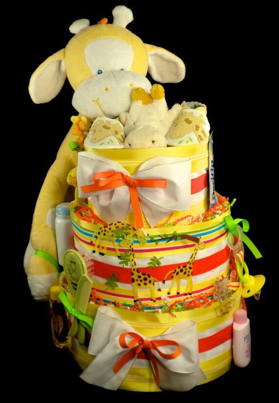 3 Tier Giraffe Diaper Cake Baby Shower Centerpiece Gift Zoo Safari Luxe Loaded