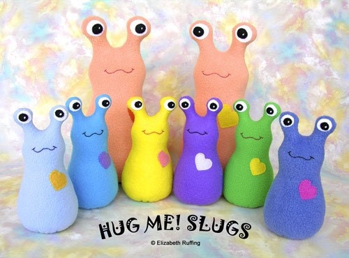 Name THIS slug, Hug Me Slug, Original Art Toy by Elizabeth Ruffing, Small Sized, Fleece, Denim-colored blue and Magenta, Ready-made