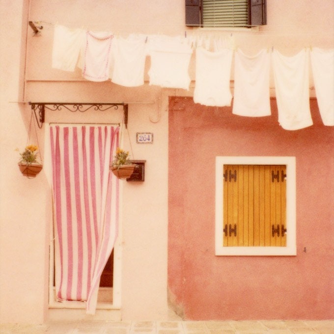 Laundry day - Polaroid travel photograph - Burano, Italy - A perfectly charming pink house