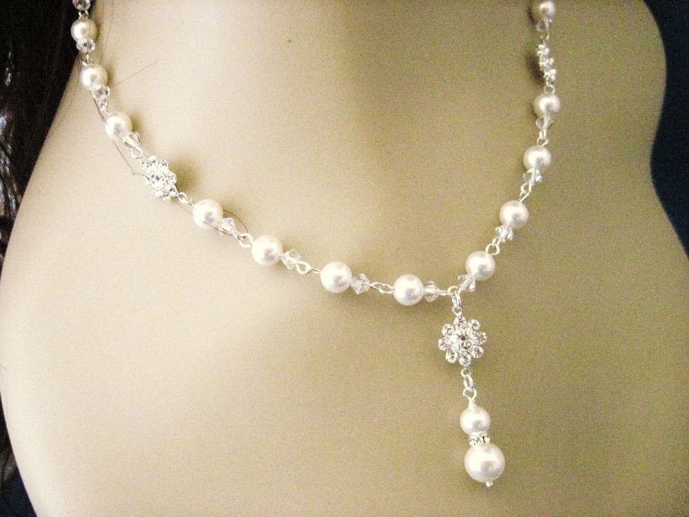 Fallon Crystal Flower and Pearl Wedding Necklace