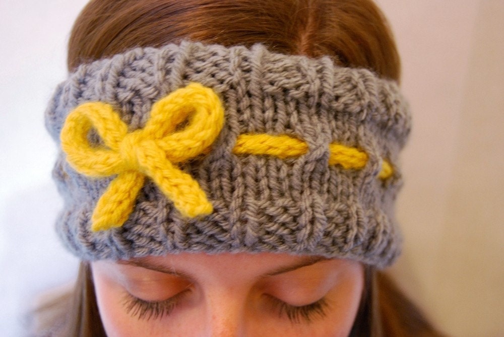 Knit Headband - Grey with Yellow Bow