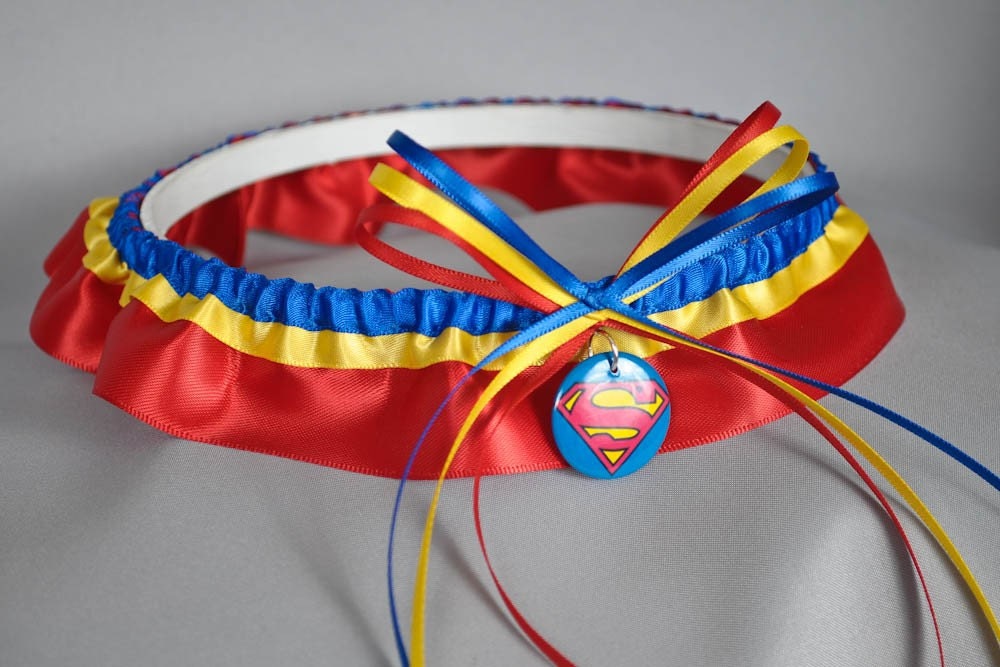 Superman Inspired Garter in Red, Yellow, and Royal Blue Satin by sugarplumgarters on Etsy