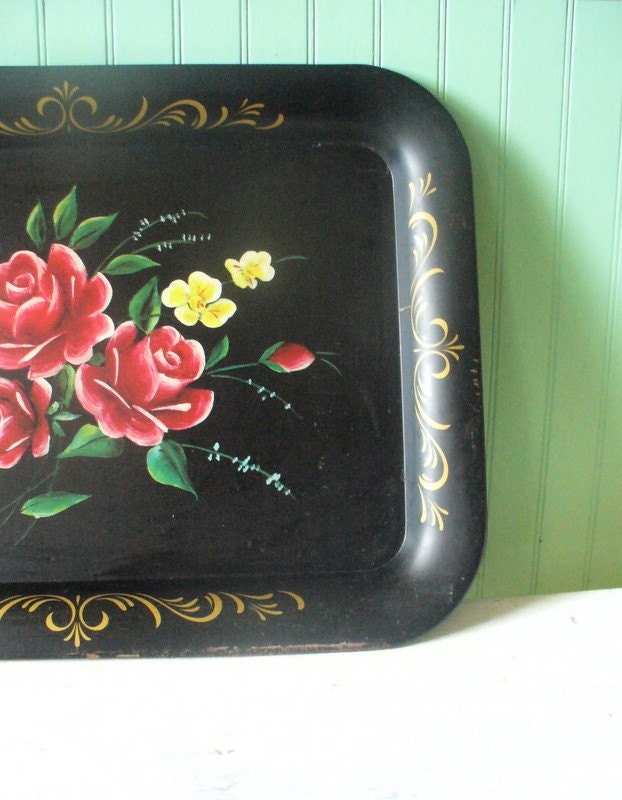 Vintage Metal Floral Tray Black with Red Roses and Yellow Flowers--Shabby Chic Cottage