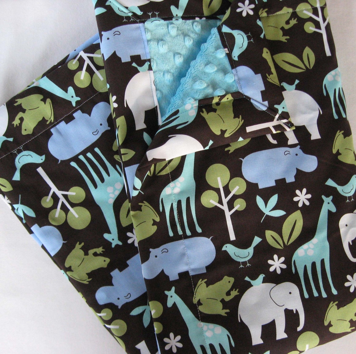 Animal Zoology and Turquoise  Chenille Minky Baby to Toddler Blanket