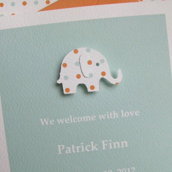 recycled custom birth announcement or baby shower invitation - seafoam and orange dot elephant on seafoam textured stock