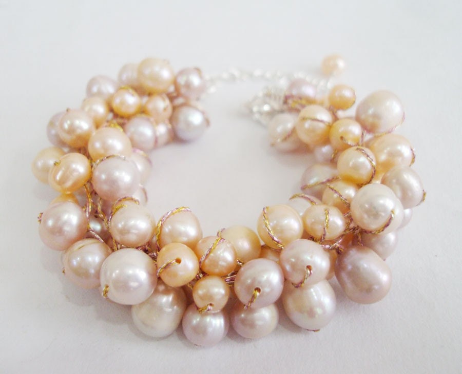 Light Peach,Cream Pearl Bracelets With Silk Thread