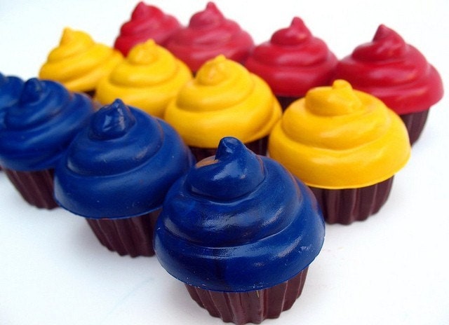 Recycled Crayon Cupcakes - Set of 12 Red, Yellow, Blue Primary colors