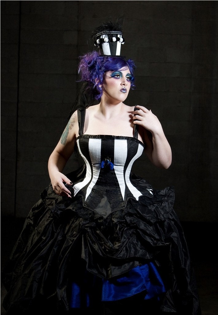 Beetle Juice Wedding Dress Black and White Silk with Dark Blue Accents-Custom to your size