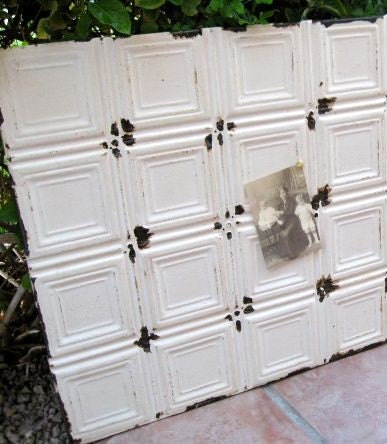 HUGE Architectural Salvage Magnetic Memo Board from Antique Ceiling Tin  in Cream 2ftx2ft