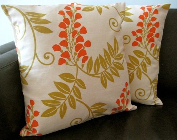 Two Handmade Cream, Orange and Green Floral Cushion Covers, contemporary designer fabric slip covers, throw pillows, decorative cushions, accent pillows