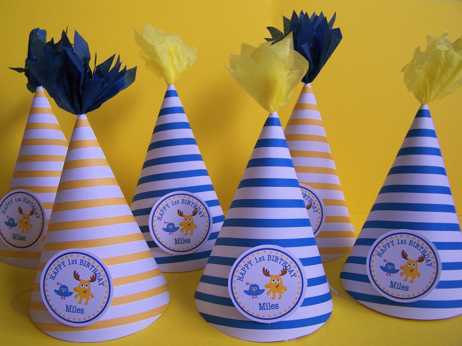 Blue/white and Yellow/white stripe- Moose and Zee party hats