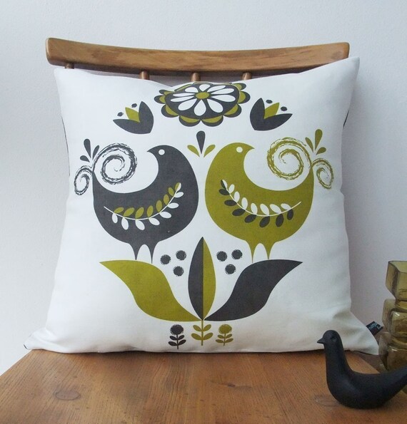 Happy birds cushion in olive and grey on white linen