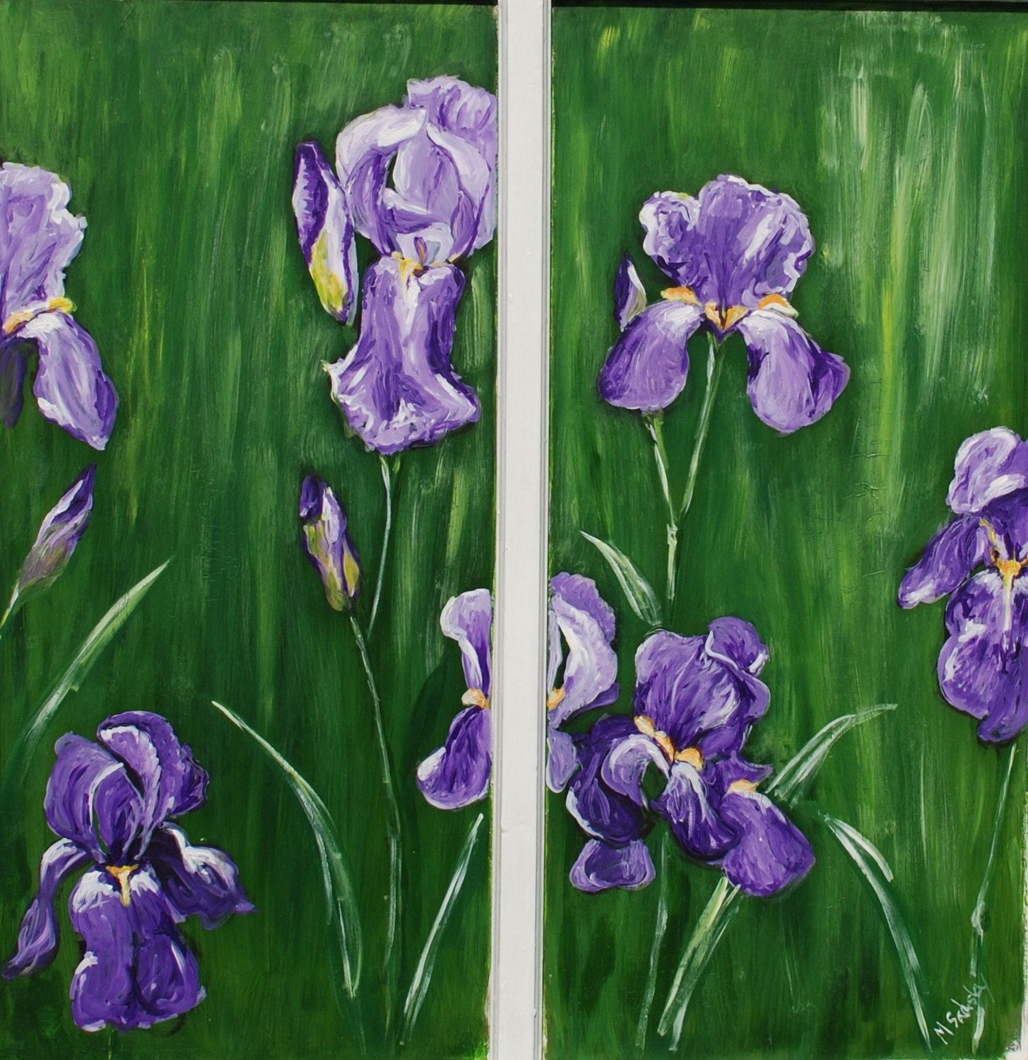 View of Irises...32 x 31 original acrylic painting on vintage window