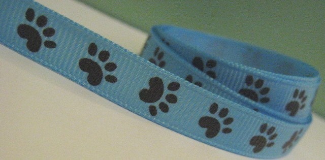 Light Blue Grosgrain Ribbon with Brown Paw Print Pet Print in 3/8 inches wide Cat Dog BLUE