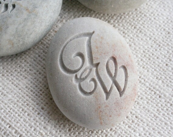 Interlocking Monogram Pebble - engraved stone for couple, anniversary, engagement, wedding - custom double sided stone engraving