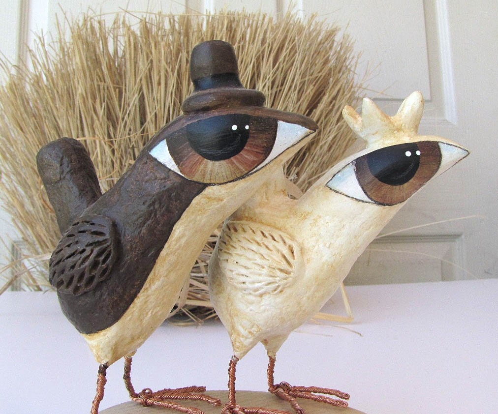 Wedding Cake  Topper - Big Eye Birds - Love Birds in Paper Mache
