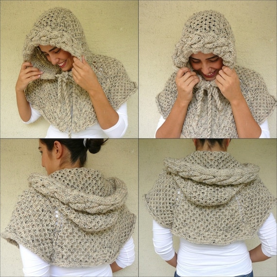 Beige Tweed Poncho With Cable Knit Hood