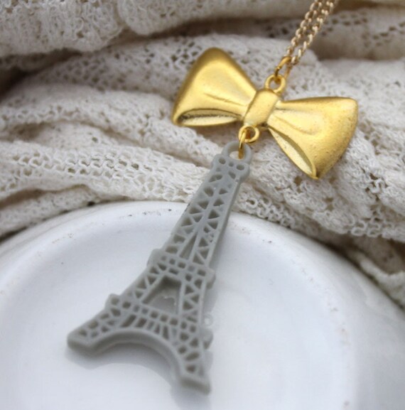 Cloudy Day... Sweet Grey Eiffel Tower Gold Bow Charm