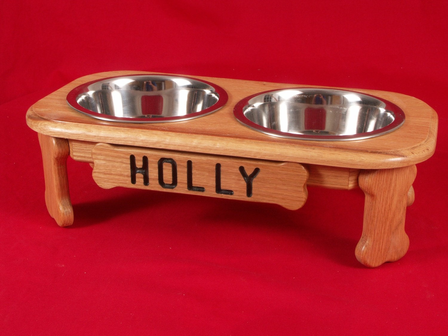 Elevated Dog Feeder Oak 6 Inch High  Two Quart Stainless Steel Bowls FREE NAME and STAIN