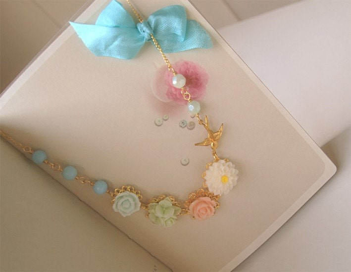 Colors of the Wind. Pool. Stunning colorful bright cheerful vibrant flower and rose cabs with gliding swallow bird charm and ribbon trim vintage gold necklace. Whimsical garden wedding, bride, bridesmaid, country, bridal shower, wedding favor gift.