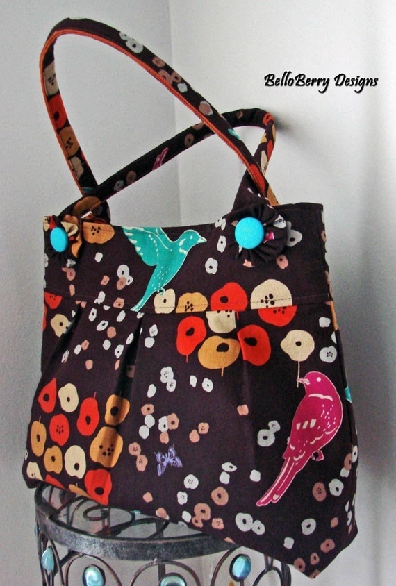 Large Birds and Flowers in Brown - Medium Pleated Bag with 2 Strap Handles and Covered Buttons