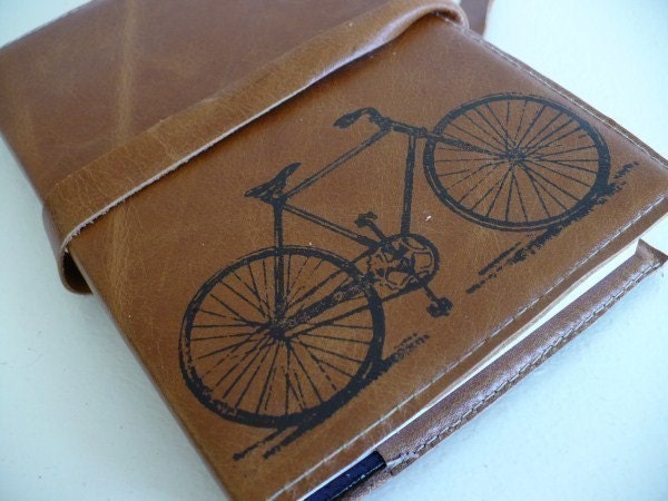 leather journal sketchbook handprinted for you custom bicycle
