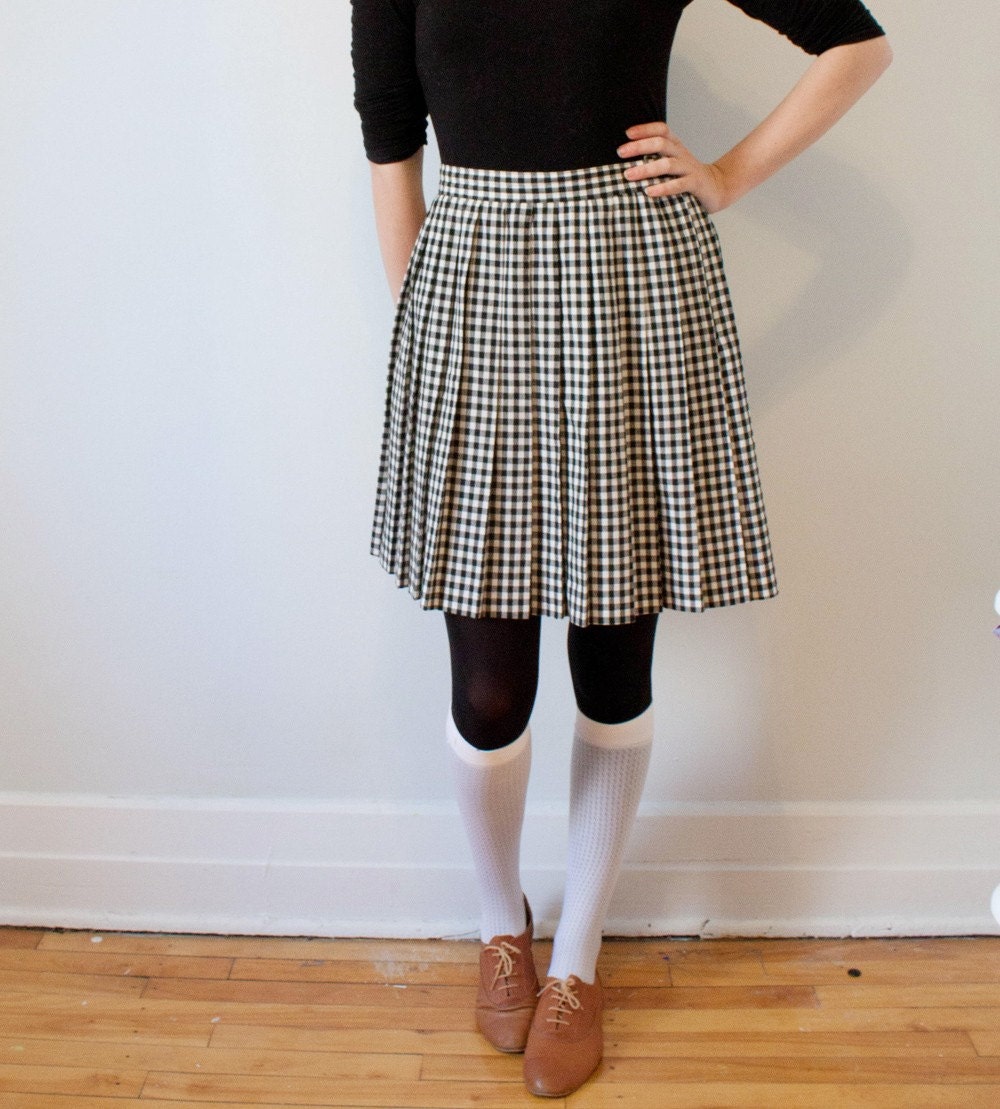 vintage black and white checkered pleated skirt - L