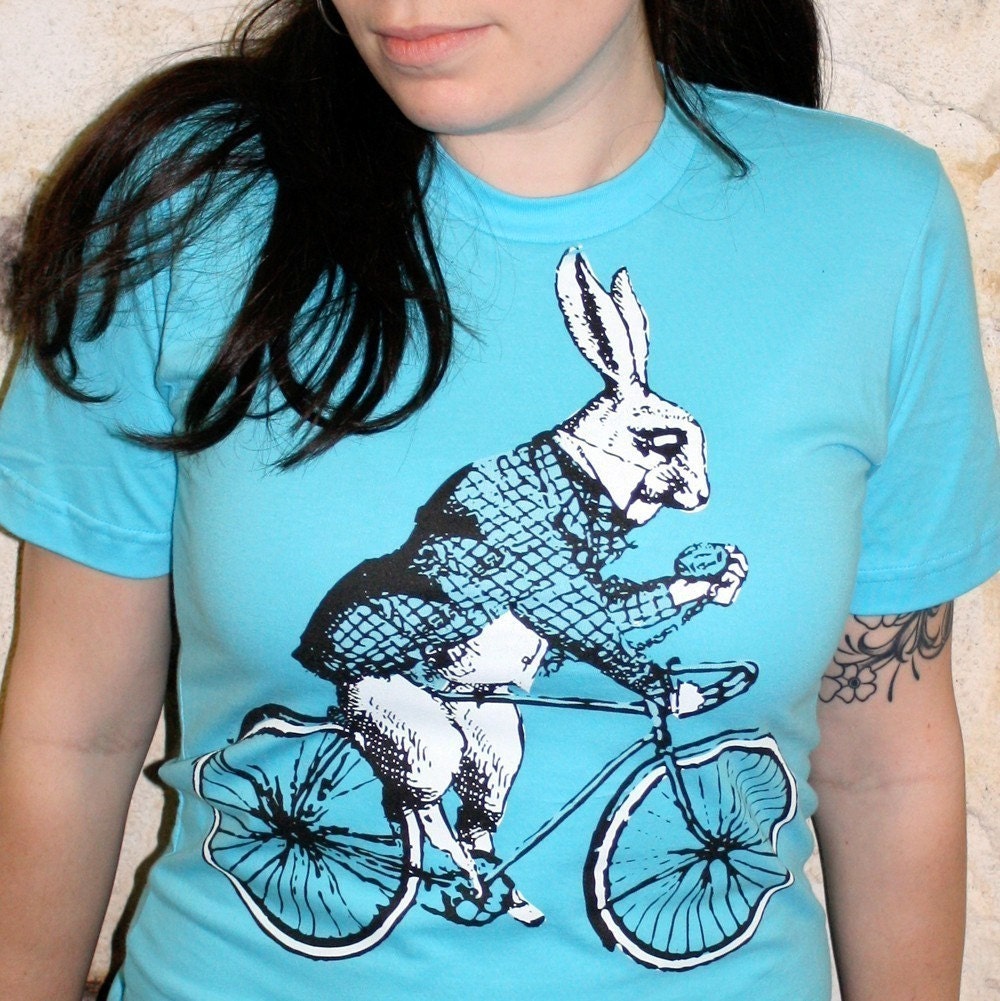 Alice in Wonderland's White Rabbit on a Bicycle - American Apparel Aqua TShirt - Available in XS, S, M, L and XL - FREE SHIPPING